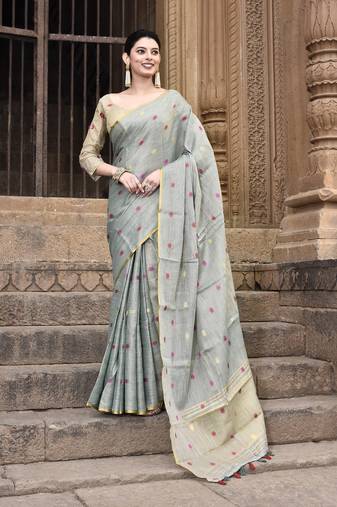 Elora pure linen tissue multicolor polka dots weaving saree for women (dusty green)
