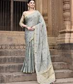 Elora pure linen tissue multicolor polka dots weaving saree for women (dusty green)