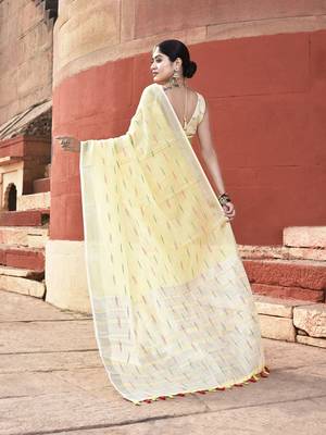 Elora pure linen ikkat butti weaving saree for women (yellow) 4