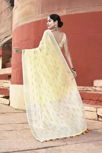 Elora pure linen ikkat butti weaving saree for women (yellow)