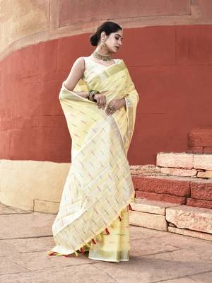 Elora pure linen ikkat butti weaving saree for women (yellow) 5