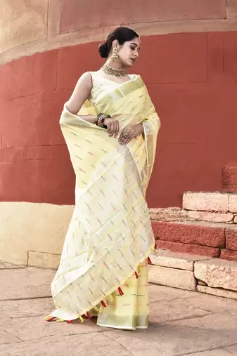 Elora pure linen ikkat butti weaving saree for women (yellow)