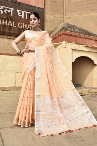 Elora pure linen ikkat butti weaving saree for women (orange)