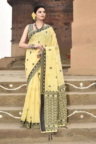 Handloom Cotton Butti Weaving Saree For Women (Yellow)
