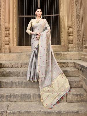 Elora pure linen tissue multicolor polka dots weaving saree for women (dusty grey) 1