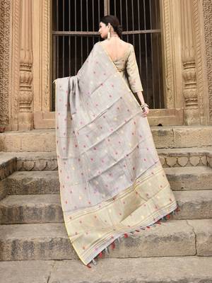 Elora pure linen tissue multicolor polka dots weaving saree for women (dusty grey) 2