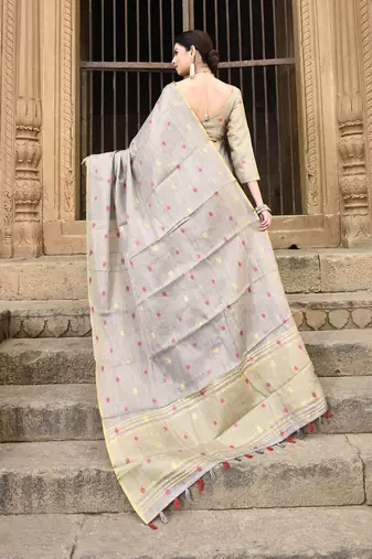 Elora pure linen tissue multicolor polka dots weaving saree for women (dusty grey)