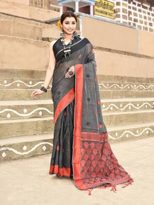 Elora handloom cotton butti weaving saree for women (dark grey) 1