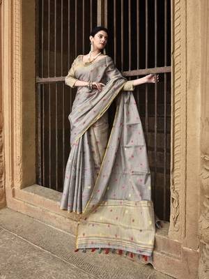 Elora pure linen tissue multicolor polka dots weaving saree for women (dusty grey) 3