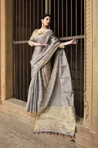 Elora pure linen tissue multicolor polka dots weaving saree for women (dusty grey)