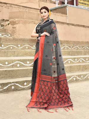 Elora handloom cotton butti weaving saree for women (dark grey) 2