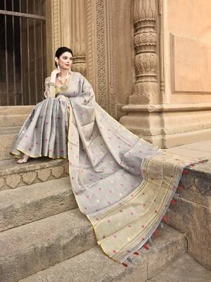 Elora pure linen tissue multicolor polka dots weaving saree for women (dusty grey) 4