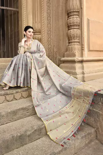 Elora pure linen tissue multicolor polka dots weaving saree for women (dusty grey)