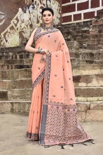 Elora handloom cotton butti weaving saree for women (peach)