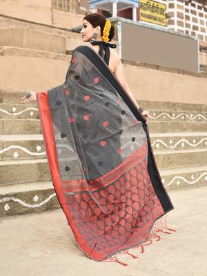 Elora handloom cotton butti weaving saree for women (dark grey) 3