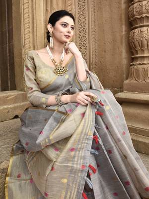 Elora pure linen tissue multicolor polka dots weaving saree for women (dusty grey) 5