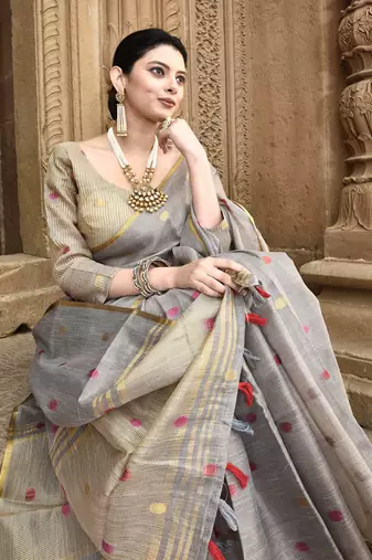 Elora pure linen tissue multicolor polka dots weaving saree for women (dusty grey)