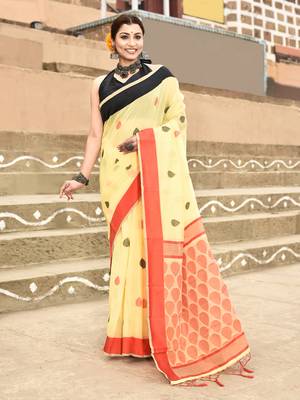 Elora handloom cotton butti weaving saree for women (yellow) 1