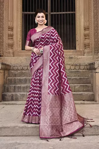 Elora linen ikkat zig zag jacquard weaving saree for women (magenta)