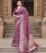 Elora linen ikkat zig zag jacquard weaving saree for women (magenta)