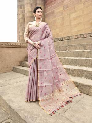 Elora pure linen tissue multicolor polka dots weaving saree for women (dusty pink) 1