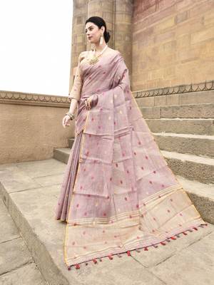 Elora pure linen tissue multicolor polka dots weaving saree for women (dusty pink) 2