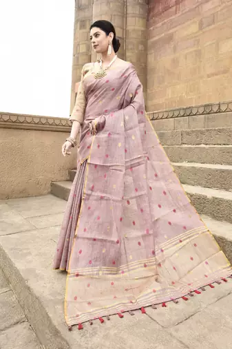 Elora pure linen tissue multicolor polka dots weaving saree for women (dusty pink)