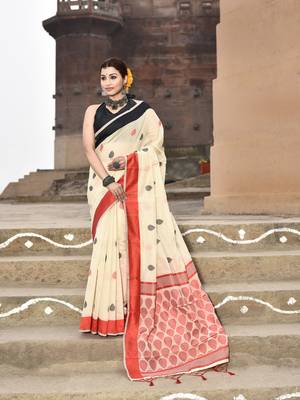 Elora handloom cotton butti weaving saree for women (cream) 1