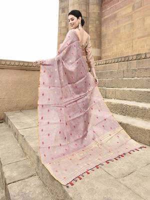 Elora pure linen tissue multicolor polka dots weaving saree for women (dusty pink) 3
