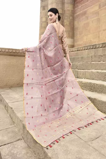 Elora pure linen tissue multicolor polka dots weaving saree for women (dusty pink)