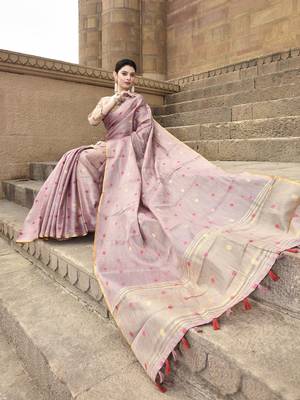 Elora pure linen tissue multicolor polka dots weaving saree for women (dusty pink) 4