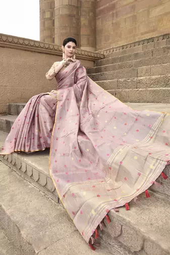 Elora pure linen tissue multicolor polka dots weaving saree for women (dusty pink)