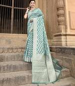 Elora linen ikkat zig zag jacquard weaving saree for women (green)