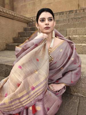 Elora pure linen tissue multicolor polka dots weaving saree for women (dusty pink) 5