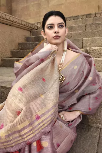 Elora pure linen tissue multicolor polka dots weaving saree for women (dusty pink)