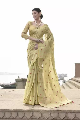 Elora pure linen tissue multicolor polka dots weaving saree for women (dusty light green)