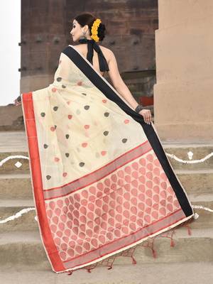 Elora handloom cotton butti weaving saree for women (cream) 5