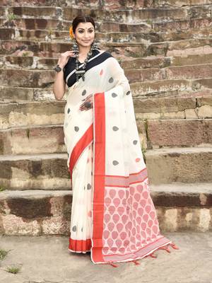 Elora handloom cotton butti weaving saree for women (off white) 1