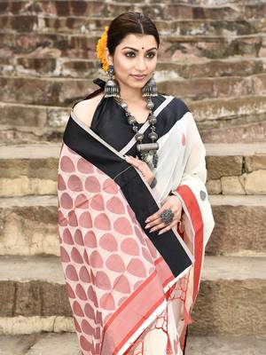 Elora handloom cotton butti weaving saree for women (off white) 2