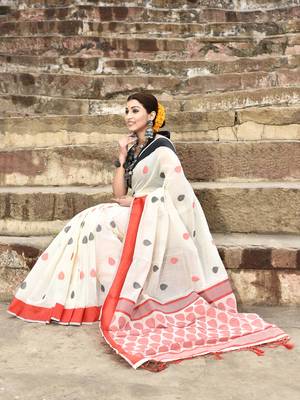 Elora handloom cotton butti weaving saree for women (off white) 3