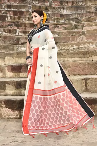 Elora handloom cotton butti weaving saree for women (off white)