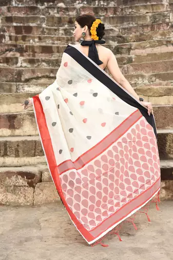 Elora handloom cotton butti weaving saree for women (off white)