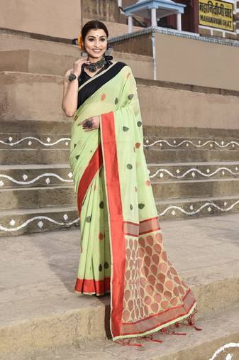 Elora handloom cotton butti weaving saree for women (parrot green)