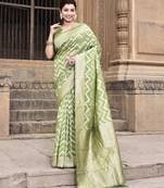 Elora linen ikkat zig zag jacquard weaving saree for women (parrot green)