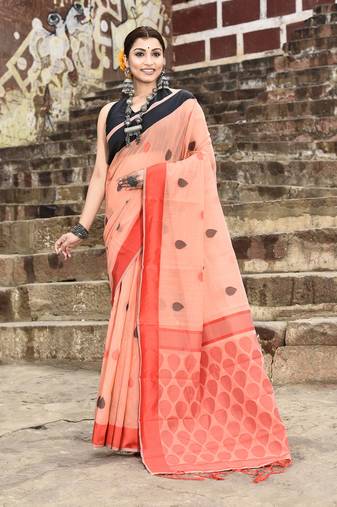 Elora handloom cotton butti weaving saree for women (peach)