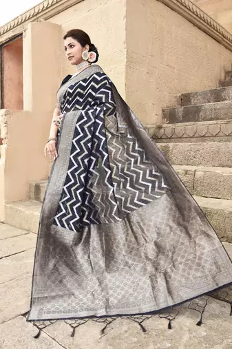 Elora linen ikkat zig zag jacquard weaving saree for women (black)