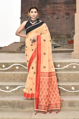 Elora handloom cotton butti weaving saree for women (orange)