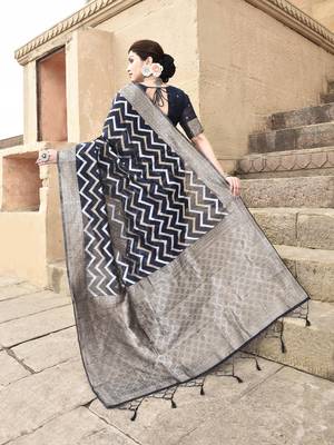 Elora linen ikkat zig zag jacquard weaving saree for women (black) 5