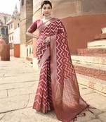 Elora linen ikkat zig zag jacquard weaving saree for women (brick red)