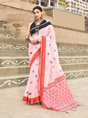 Elora handloom cotton butti weaving saree for women (light pink) 1